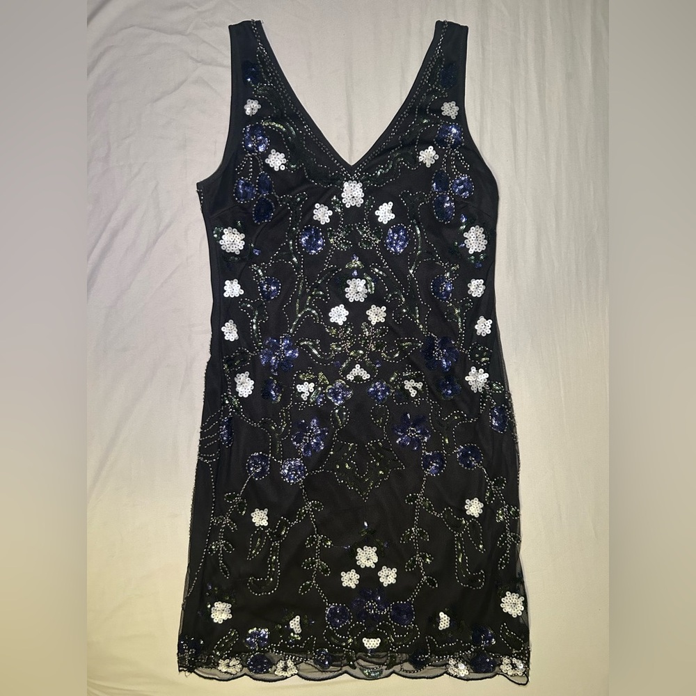 Elegant Black Floral Beaded and Sequins Embellished Dress